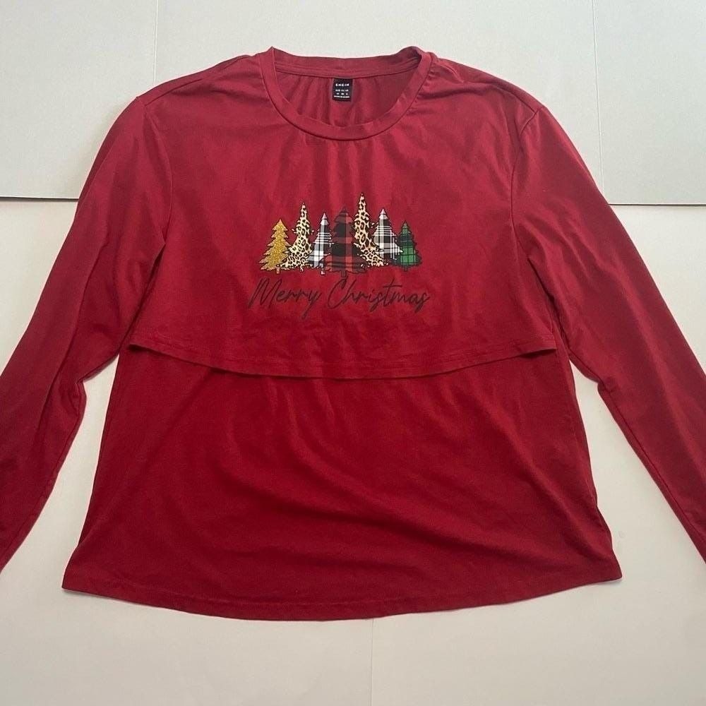 SHEIN Red Long Sleeve Holiday Tee Size Medium